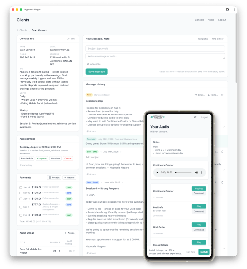 The Sotto console showing a client record — contact details, appointment, payments, and message history — beside the same client's phone app playing an assigned recording. Shown carrying a practice's own branding.